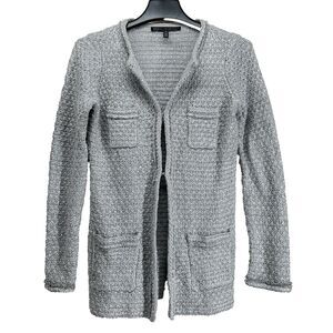 White House Black Market Sweater XS Silver Metallic Cardigan Pocket Fringe LN